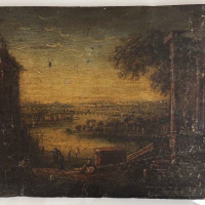An oil painting on panel, possibly from the 17th or 18th century, depicting an Italian dock or harbour scene, the foreground with architectural remains. 24.6cm x 19.1cm
