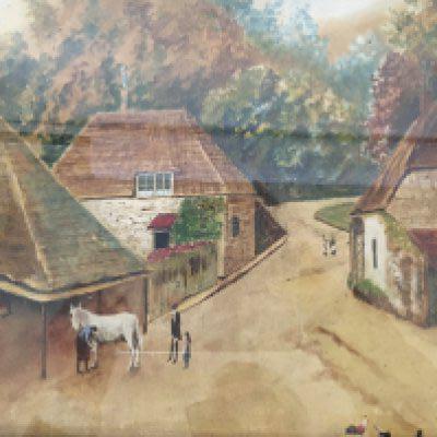 A pair of 19th century gilt framed Vernacular Naive watercolours a view of the Cockington Forge Torque and one other. 56x40cm (2)
