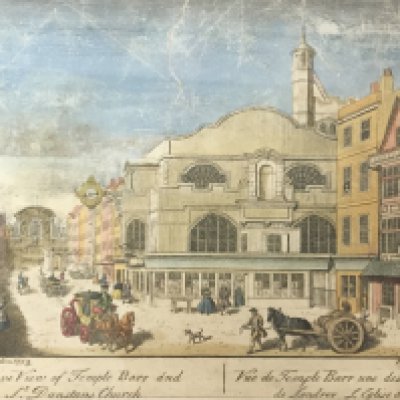 An 18th Century coloured print a study of a Perspective view of Temple Barr 1753 and other 19th century prints of Temple Bar. (3)