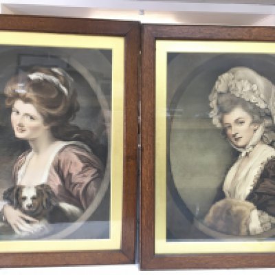 A framed portrait of lady Hamilton showing her with her dog and the other of Mrs Mary Robinson.