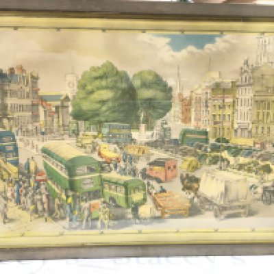 A framed drawing of Bristol town centre by Phyllis&#2013266057۪s Ginger circa 1946