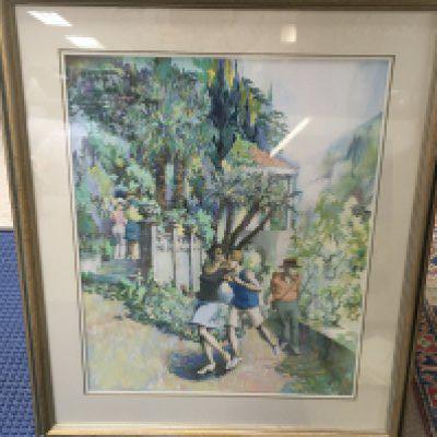 A framed Brian Hinton (1938-present) watercolour painting depicting people in a tropical environment. 76x90cm
