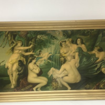 A framed picture on canvas depicting numerous bathing nymphs within a garden landscape with water fall. 121x64cm
