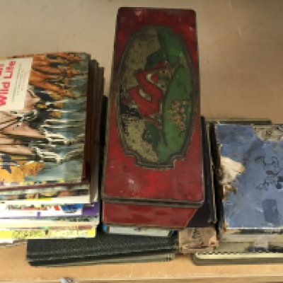 An early 20th century set of Mickey Mouse coloured slides and other vintage slides, large quantity of cigarette cards including players, copper players ashtray etc. postage category C