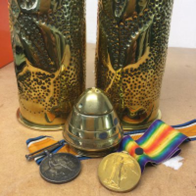 Trench art vase inkwell together with two First World War medals awarded J Durbury R . E .
