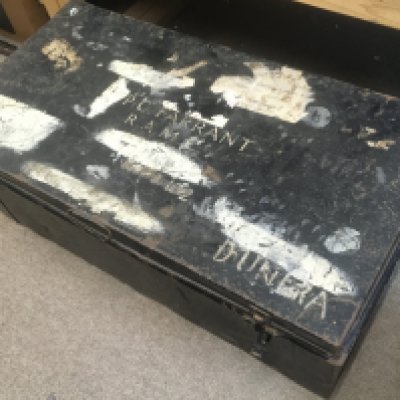 WITHDRAWN -P.C Farrant Trunk and uniform contents including battledress blouse and trousers 1949 pattern. This lot cannot be posted