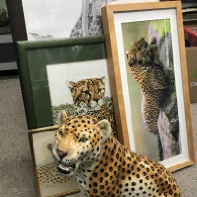 Leopard related collection including a ceramic Italian figure, small oil painting on board, two prints , Albert Bamard sketch . This lot cannot be posted