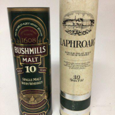 A bottle of single Malt 10year old Irish whiskey Bushmills and a bottle of Laphroaig 10year single Malt pre Royal warranty both 70cl bottles. (2)