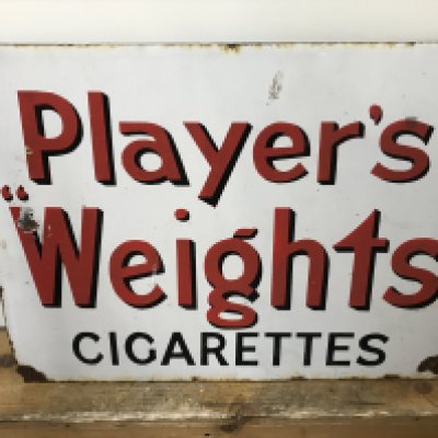 A vintage Players Weights cigarettes enamel advertising sign, dimensions 55cm long 42 cm tall