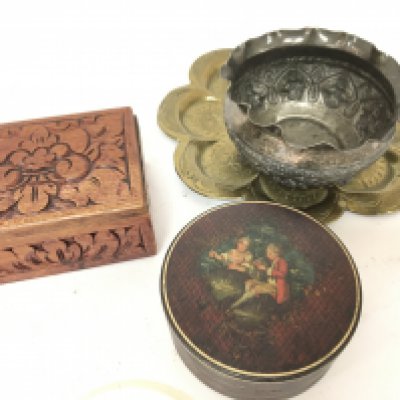 An Indian white metal bowl small brass tray a painted and lacquer box and one other. (4)
