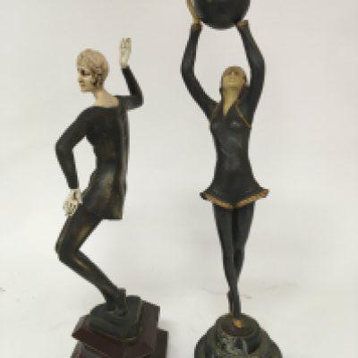 Two Art Deco Style bronze and composition dancing figures on marble bases (2)