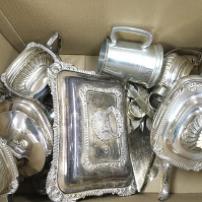 A Box Containing Silver Plate. A Murano Glass Fish and a Russian Egg.