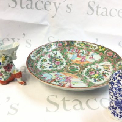 A collection of Chinese ceramics including a Famille Rose dish , boy water dropper figure, small Blue and white vase with four character mark to base