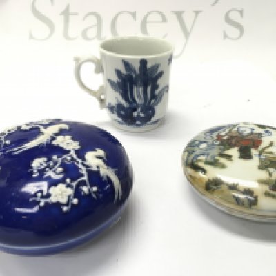 A Collection of Chinese Ceramics including a blue and white cup, round lidded pots. This lot cannot be posted NO RESERVE