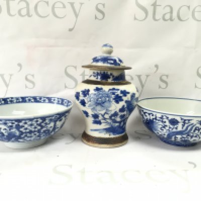 Chinese blue and white ceramics including a Phoenix bowl, Figure bowl ( hairline crack seen on this bowl, both bowls 8.5cm tall 20cm wide) and a ginger jar (22cm tall) with floral and bird design .