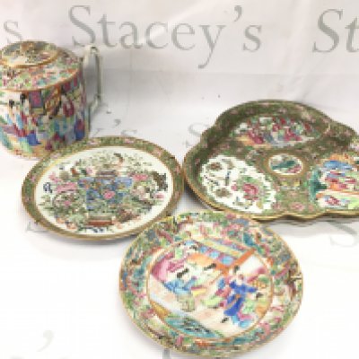 Chinese Cantonese Famille rose dishes and a teapot. Large hairline crack and chips in one of the dishes, largest dish restored with multiple cracks