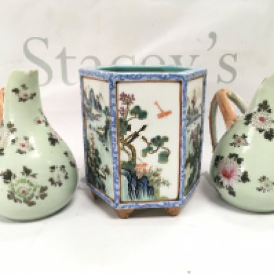 Chinese Hexagonal Brush pot decorated with panels of flowers and river scenes and a pair of floral vases , some damage . This lot cannot be posted