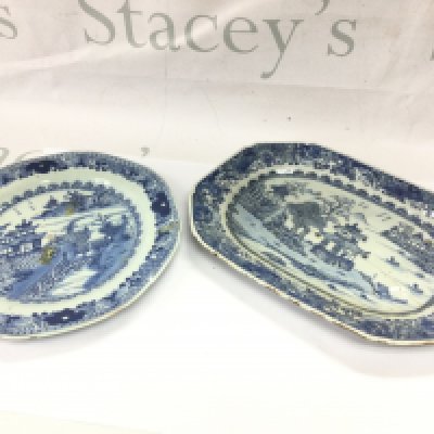 Chinese blue and white porcelain dishes with river scene designs, damage and hairline cracks . This lot cannot be posted