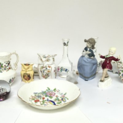 A Collection of ceramics including Ansley Pembroke reproduction ceramics, two Lladro figures, a Royal Worcester figure etc
