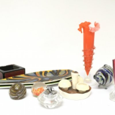 A Collection of ceramics including Poole dishes, coloured art glass, paperweights, a Dunhill ceramic ashtray etc, this lot cannot be posted