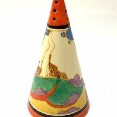 A Clarice Cliff Fantastique range conical sugar sifter, Sercrets pattern. (D) No viable damage or restoration.