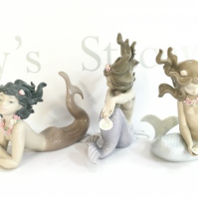 Three Lladro mermaid porcelain figures. 11 to 17cm tall. No obvious large damage or restoration