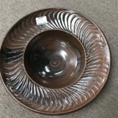A David Leach stoneware brown glazed bowl with incised decoration. 36cm