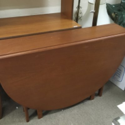 A drop leaf teak table, 74cm tall, 154cm wide. NO RESERVE