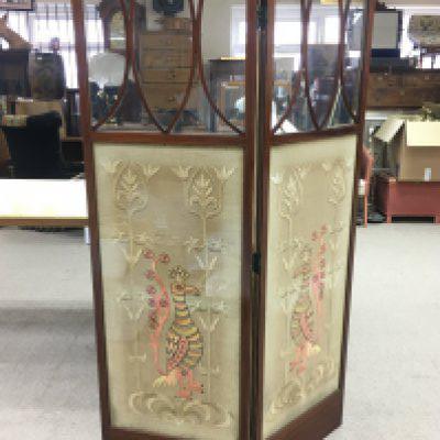 An Edwardian peacock panel mahogany inlaid design screen , 169cm tall approximate this lot cannot be posted