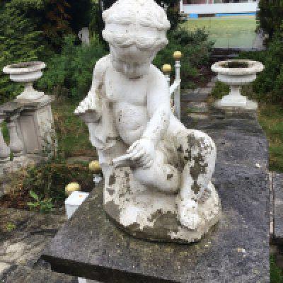 a pair of composition, concrete, neoclassical garden, garden, figures in the form of putti reading books. Freestanding, buyer to collect, sold in situ.