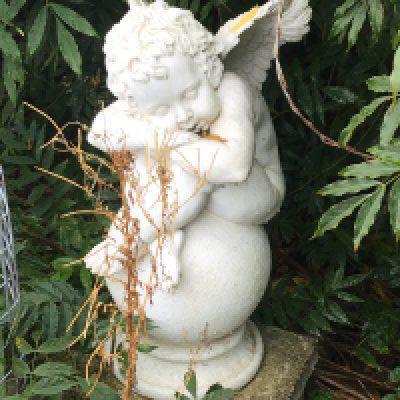 Two composition, concrete garden, ornaments in the form of winged cherubs freestanding good condition sold in situ buyer to collect. Height 70cm