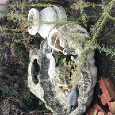 A composition, concrete garden, fountain in four sections of neoclassical design with a large shell shaped bowl. The base of circular shape with stylised acanthus leaf. Dismantled but no obvious damage . Buyer to collect.