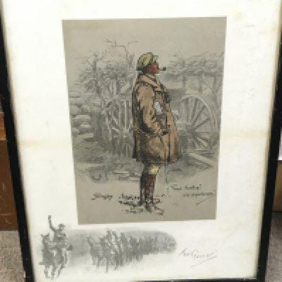 A rare Charles Johnson Payne aka Snaffles (1884-1967) photolithograph entitled The Gunner. Hand coloured. Dimensions 47x36cm