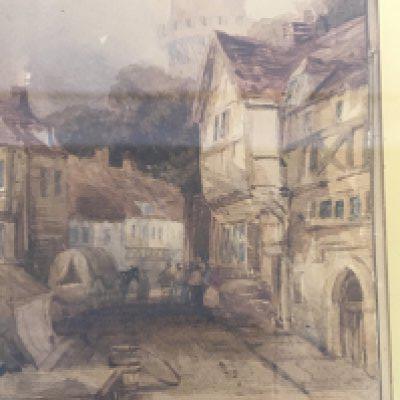 A gilt framed early 19th century watercolour a street scene with a castle beyond. 27x32cm. NO RESERVE