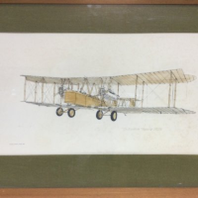 A framed and glazed watercolour, pen and ink drawing of a Vickers Vimy aeroplane, approx 80cm x 54cm. Shipping category D. NO RESERVE