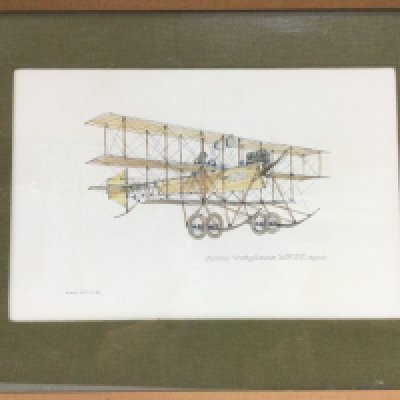 A framed and glazed watercolour, pen and ink drawing of an Avro Triplane MK IV, approx 70cm x 54cm. Shipping category D. NO RESERVE