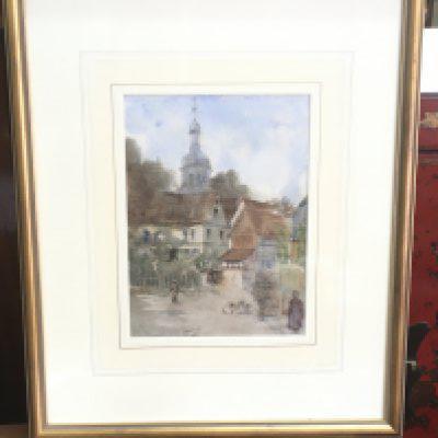 A framed watercolour painting by Henry Boddington (1849-1923) titled Village, frame dimensions 38x46cm. This lot cannot be posted. NO RESERVE