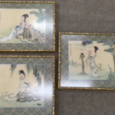 Three framed Japanese silk painting. Postage D