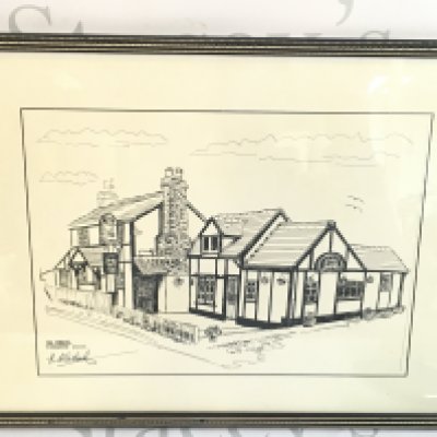 A framed sketch of local interest The Rabbits pub in Stapleford Essex. This lot cannot be posted
