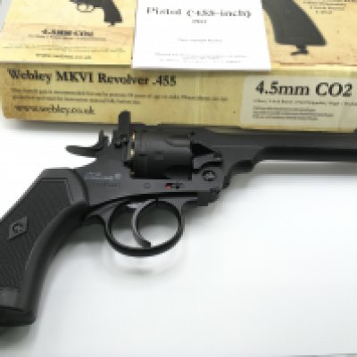 A Webley CO2 air pistol MKVI service revolver.455 with box and paperwork. (no firearms licence required)