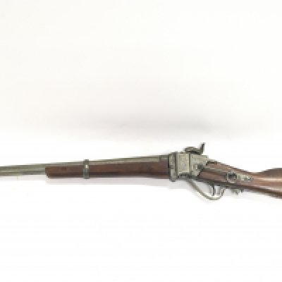 A vintage wooden and metal full sIe retrospective inert copy of a R S Lawrence patent 1859 sharps rifle. 95cm in length. This lot cannot be posted