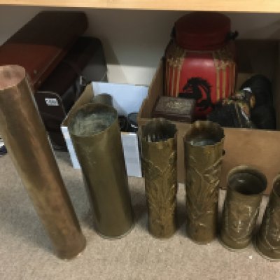 A Collection of shells including some trench art examples, heights ranging from 23 to 52cm
