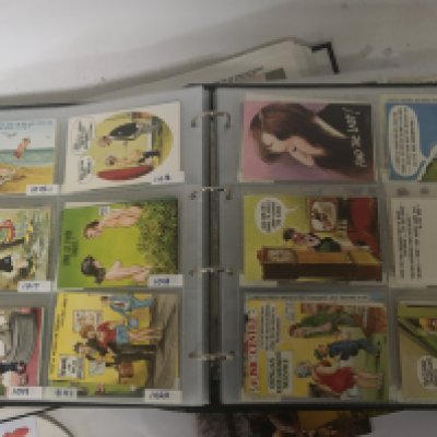 Two large albums containing a comprehensive of Vintage Comical Bamforth post cards and one other album of conforming cards (3)