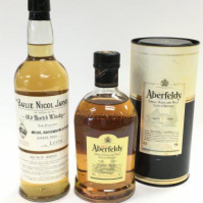 Whiskeys The Bailie Nicki Jarvie Old Scotch Whisky and Dewar Aberfeldy single Highland Malt Scotch Whisky aged 12 years. This lot cannot be posted