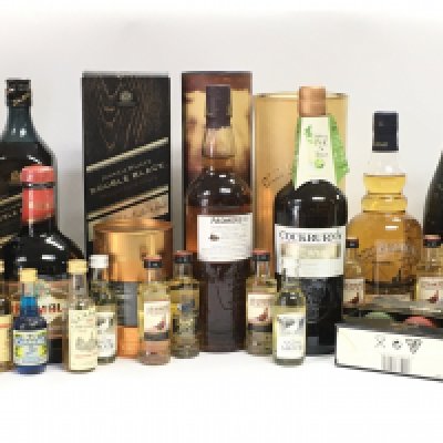 A large Collection of whiskeys including Drambuie, Taylors Select Reserve Port, Gervey Chambertin 2011 wine, Ardmore single malt scotch whisky, The Glenlivet 12 years single malt scotch whisky etc including various miniatures. This lot cannot be posted