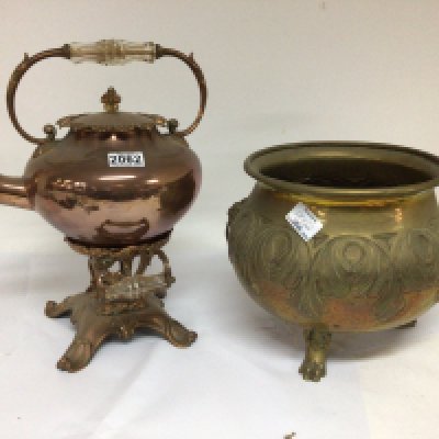 A Victorian copper kettle and stand a brass jardiniere and a quantity of other brass and copper oddments. NO RESERVE