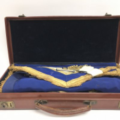 A vintage leather case and Masonic Regalia relating to a Kent lodge case 45cm length in good condition.