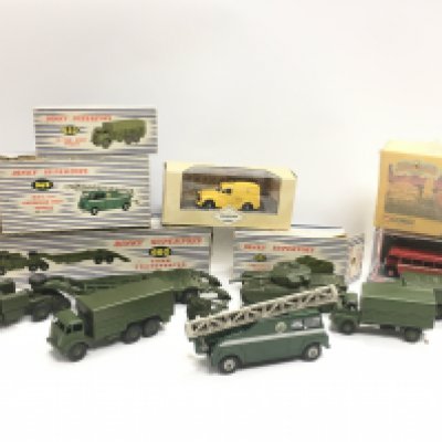 A collection of vintage boxed Dinky Supertoys including 622 10- ton army truck, 969 BBC TV extending mast vehicle, 660 Tank Transporter, 651 Centurion tank etc. postage category b