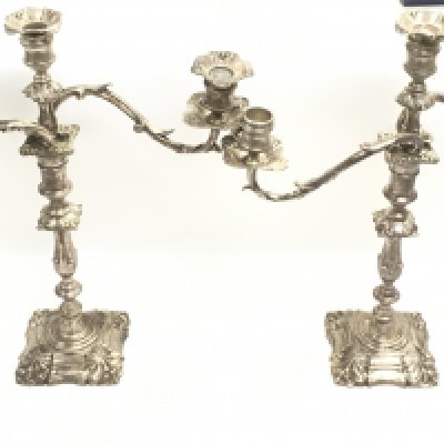 A pair of silver plated tri branch candelabras, 46.5cm tall. This lot cannot be posted. NO RESERVE