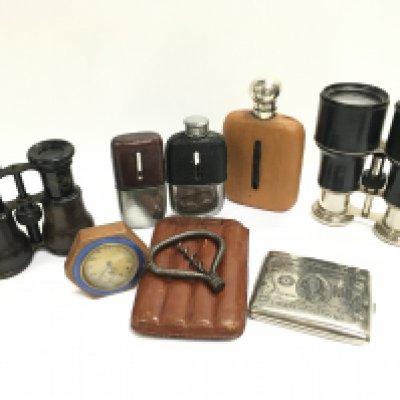 A Collection of vintage binoculars including Touring Marque Iris French binoculars, hip flasks, a cigarette cask etc. this lot cannot be posted